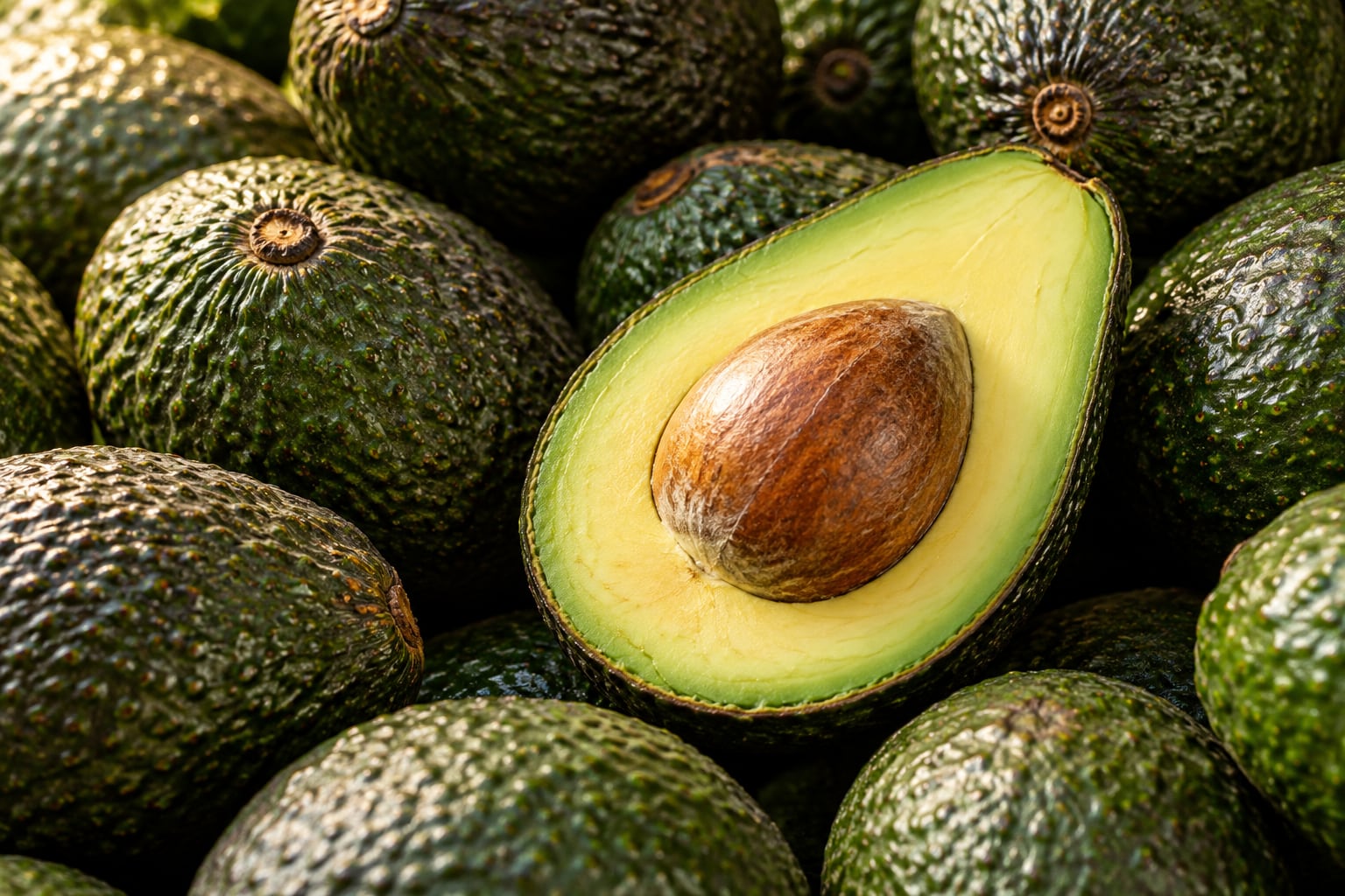 Paltas enteras y una palta partida; imagen referencial