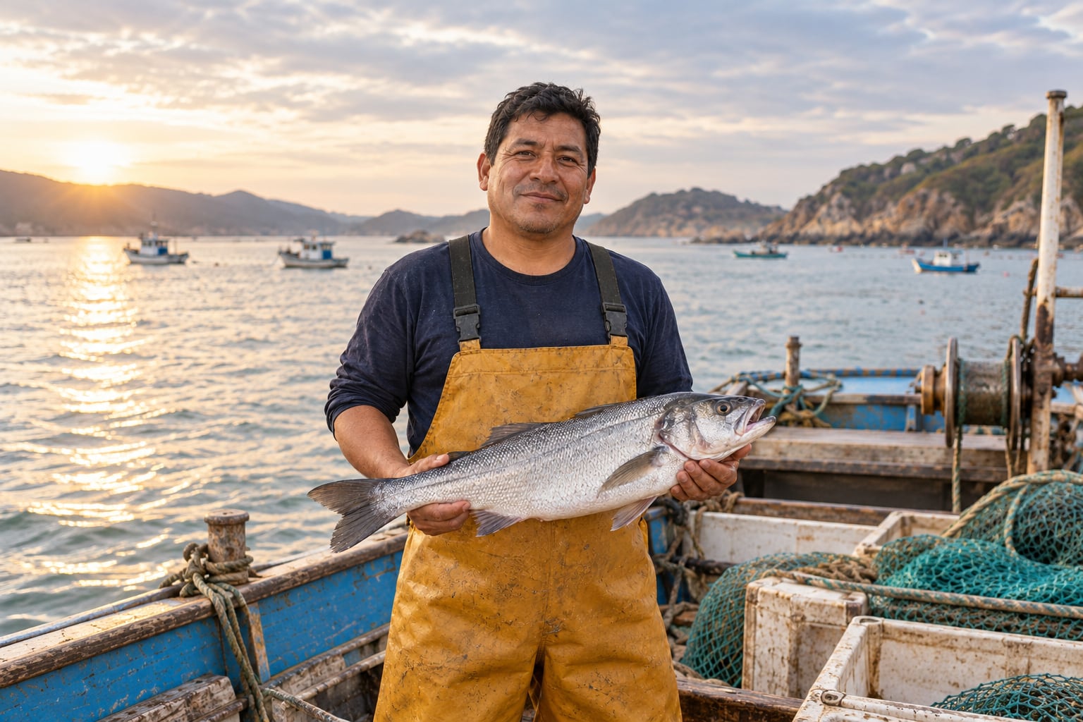 Persona ficticia sosteniendo un pescado en una embarcación; imagen referencial